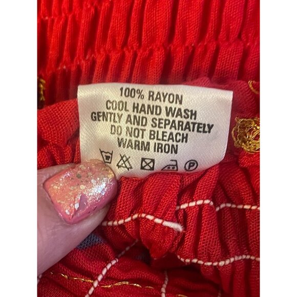 Red Strapless Smocked Maxi Dress W/ Butterfly Embroidery & Tassel Hem OS - Picture 7 of 7